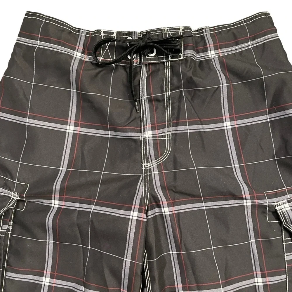 OP Black White Red Board Shorts Swim Trunks Windowpane pattern mesh lining Med